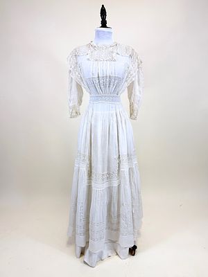 ANTIQUE TUCKED COTTON MULL & LACE LINGERIE DRESS, c. 1910. B 40", W 20", spot stains in lace 