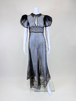 REVERSE APPLIQUE SOUFFLE EVENING GOWN, 1930s. w/ original slip, B 34", W 26", dry rot to slip 