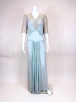 CHEMICAL LACE & CHIFFON NEGLIGEE, 1940s. B up to 44", W 32", small holes, damage at hem 