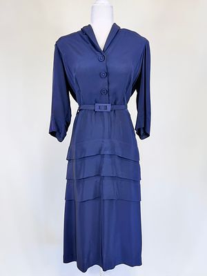 MIDNIGHT NAVY DAY DRESS, 1940s. Original self belt, B 40", W 30", one snap closure broken, iron 