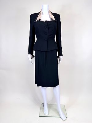 AFTER ADRIAN WOOL CREPE LADIES SUIT, 1940s. B 36", W 26", skirt W 25", good condition