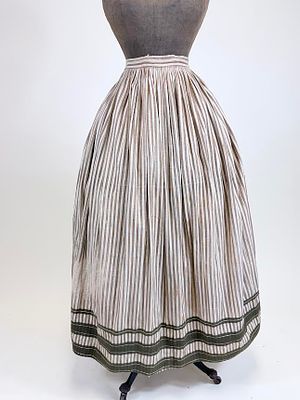 WORKING WOMAN'S STRIPED COTTON & WOOL SKIRT, 1867. W 27", fragile & threadbare, faded, waist 