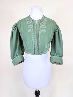 GREEN LINEN CROPPED JACKET, c. 1905. SH-SH 18", L 12.5"-15", staining, tiny-small holes, see photos
