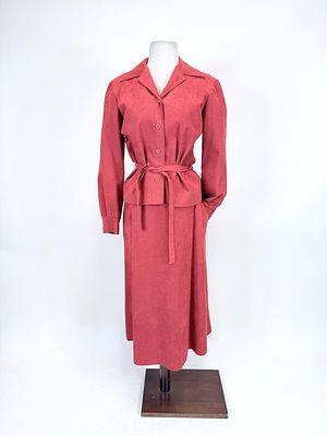 TWO PIECE SUEDE ENSEMBLE, 1970s. Jacket, skirt & tie belt, jacket B 36", W 34", skirt W 28" 