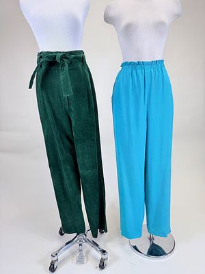 SILK HENRI BENDEL & SUEDE TROUSERS, 1980s-1990s. Green suede W 28", blue silk W up to 31"-35" 