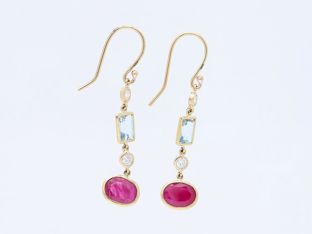 Earrings 3,55 ct. Diamonds, Rubies, Aquamarines 585 gold 14 kt. GIL certificate. Product 