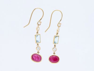 Earrings 3,55 ct. Diamonds, Rubies, Aquamarines 585 gold 14 kt. GIL certificate. Product 