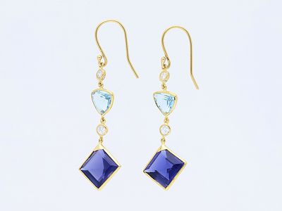 Earrings 8,40 ct. Diamonds, Aquamarines, Iolites 585 Yellow gold 14 kt. GIL certificate. Product 