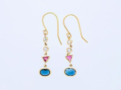 Earrings 1,10 ct. Diamonds, Sapphires, Rubies 585 Yellow gold 14 kt. GIL certificate. Product 