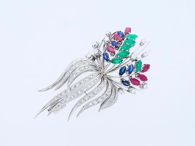 Brosche Diamanten, Saphire, Smaragde, Rubine 585 Wei&szlig;gold. Artikelbeschreibung: 
Material: 