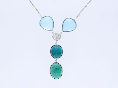 Collier 50,42 ct. Aquamarine, Turmaline, Diamanten 750 Gold / 18 Karat GIL, Gemsconsult Zertifikate