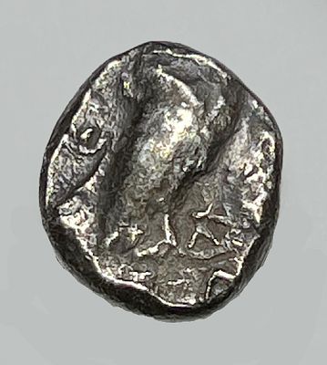 Edom, 4th century BCE. Silver drachm, 4.1 gr. Obv: Dome-shaped. Rev: Owl standing to r., traces 