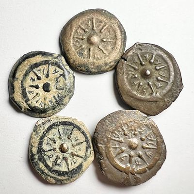 A Lot of 5 Bronze Prutot of Alexander Yannaeus (Yehonathan the High Priest), 104 - 76 BCE. Star 