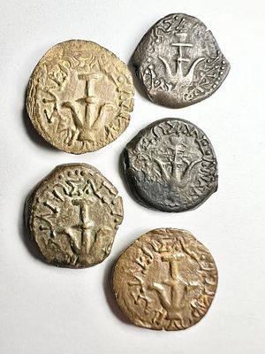 A Lot of 5 Bronze Prutot of Alexander Yannaeus (Yehonathan the High Priest), 104 - 76 BCE. Star 