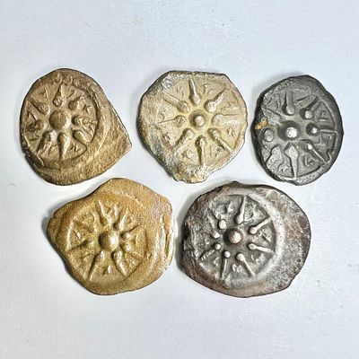 A Lot of 5 Bronze Prutot of Alexander Yannaeus (Yehonathan the High Priest), 104 - 76 BCE. Star 