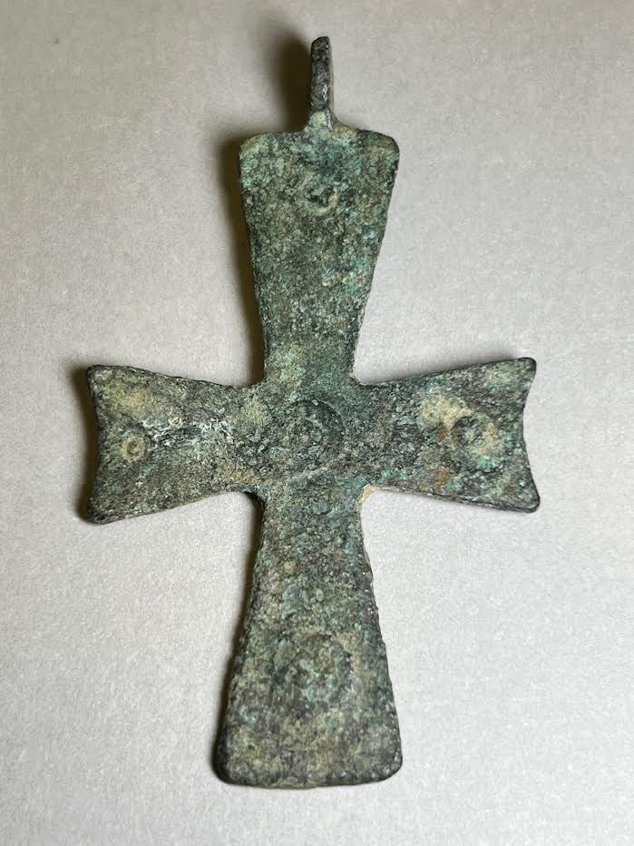 A Byzantine Bronze Cross Pendant. 4th - 7th century AD. 7.8 cm high. With nice green patina and 