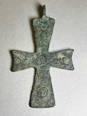 A Byzantine Bronze Cross Pendant. 4th - 7th century AD. 7.8 cm high. With nice green patina and 