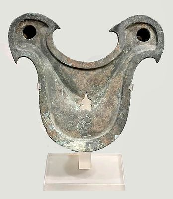 A Very Large Bronze Oil Lamp for 2 Flames. Early Roman Period, 2nd century CE. 23 cm in diam. 