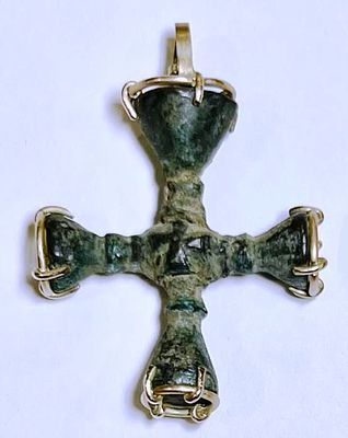 A Byzantine Bronze Cross set as a Pendant with Modern Gold . 5th - 11th century CE. 4.3 cm high. 