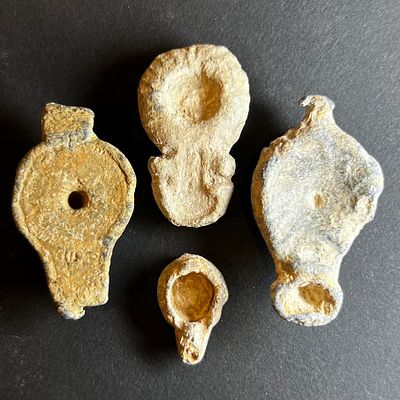 A Lot of 4 Mini Lead Oil Lamps. 2nd - 3rd century CE. 3.93 - 1.94 cm. Probably votive. in very 