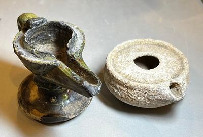 A Lot of 2 Islamic Terracotta Oil Lamps, 7th - 15th century CE. 10.6 and 7.8 cm. One green 