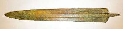 A Bronze Blade of a Short Sword. 2nd Millennium BCE. 36.1 cm long. With nice green and brown 