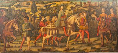 Benozzo Gozzoli (1420-1497)-follower, promenade of the Magi. Oil on canvas. 64 x 145 cm.