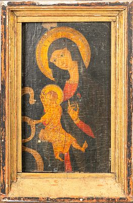 School of Avignon 15th Century, Madonna with child. Oil or tempera on wooden panel with gold 