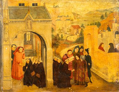 Simon Marmion (1425-1489)-taste,, scene with travelers by a monastery in landscape. Oil on 