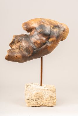 Male Torso in Ancient Manner, sculpted terracotta with original patina. On later copper stand 