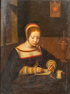 Master of the Female Half-lenghts active 16th Century, portrait of a writing female. In 