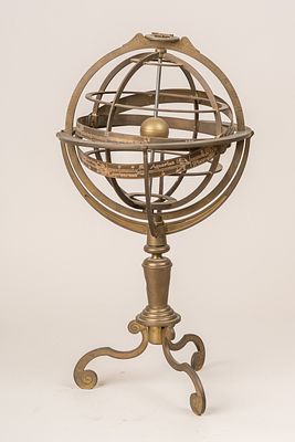Amillary sphere. Armillary sphere, bronze on stand with three curved legs. Central coloumn. 