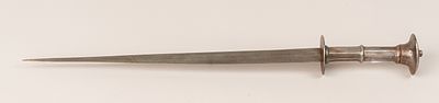 Renaissance Dagger, canted peak blade. Round hand protection and pommel. Canted iron grip. 