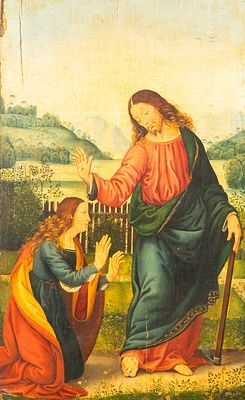 Lorenzo di Credi (1459-1537)-follower, Noli me tangere. Oil on wooden panel. 53 x 32 cm.