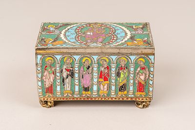 Casket in Medieval Manner, rectangular. Bronze on four figural feet. Rich enamel decorations. 