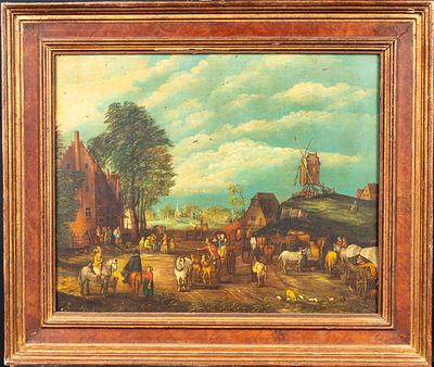 Jan Breughel the Younger (1601-1678)-follower, market day in a village. Oil on copper. Framed. 