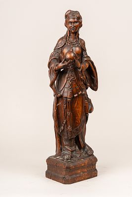 Flemish17.century , sculpture of a lady holding a ball. In elegant dress. On integrated 