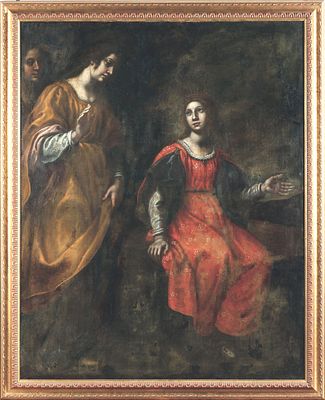 Jacopo Vignali (1592-1664)-circle, allegorical scene with females in landscape. 137X173 cm framed .