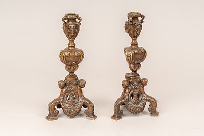 Pair of Renaissance Candle Sticks, with open work, ornamental and figural decorations. Bronze 