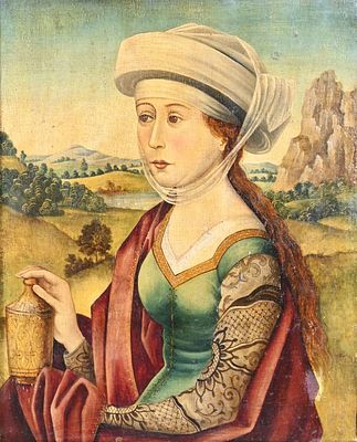 Rogier van der Weyden (1399-1464)-follower, portrait of a woman with flask in landscape. 43 x 
