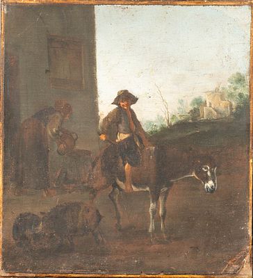 Bambocianti around 1700, boy on donkey. Oil on canvas. 37 x 34 cm.