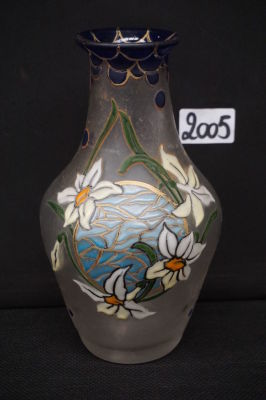LEGRAS - Mooie vaas in glas met ge&euml;mailleerd bloemendecor - Gesigneerd - H: 21 cm