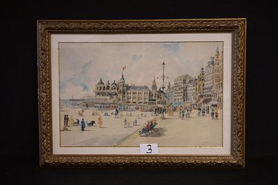 EUGENE RENSBURG (1872 - 1956) - "de zeedijk te Oostende" - aquarelle - gesigneerd - gedateerd - 