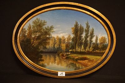 CHARLES LIGNY (1819 - 1889) - "landschap met rivier en visser in bootje" - olieverf op doek 