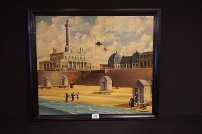 JEF DE BROCK (1880 - 1960) - "Oostende - de dijk met strandcabines en de oude vuurtoren uit 