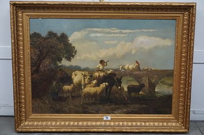 EDOUARD WOUTERMAERTENS (1819 - 1897) - "herder op ezel met schapen en koe" - olieverf op doek - 