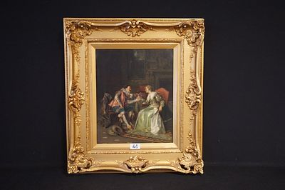 mooi romantisch schilderij - "interieur met amoureus koppel" - olieverf op doek - gesigneerd - 