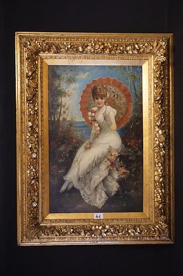 L. CRAVANT (XIX eeuw) - "Ravissante jonge vrouw met parasol en bloemen" - olieverf op doek - 