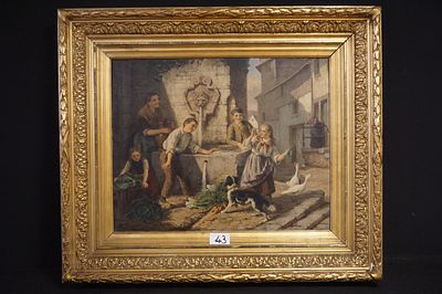 JAN WALRAVEN (1827 - 1863) - "spelende kinderen bij de fontein" - olieverf op doek - gesigneerd 