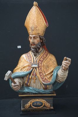 prachtig groot antiek religieus borstbeeld in hout - polychroom - "ST. ELOI" - H: 115 cm